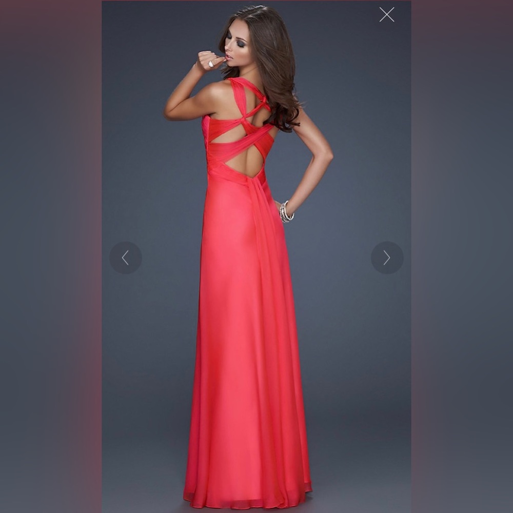 La Femme Pink Coral Watermelon Evening Gown Prom Dress
